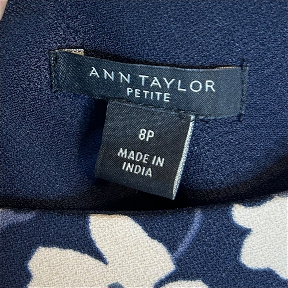 Ann Taylor Floral Shift Dress 8P 8 Petite Navy Blue 3/4 Balloon Sleeve Career - Picture 5 of 7